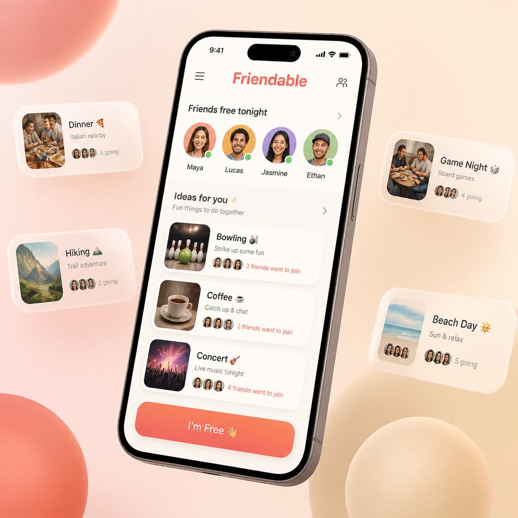 Friendable app showing friends who are free tonight and activity suggestions